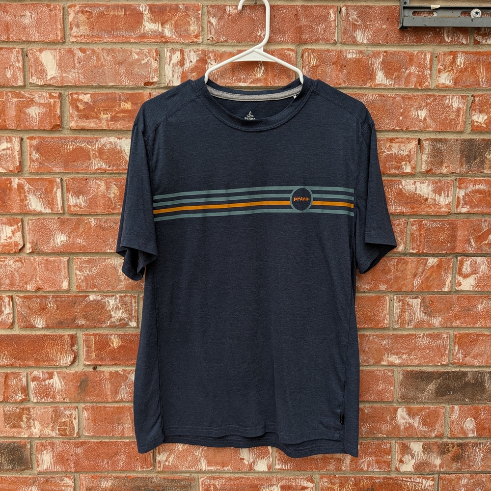 Prana Navy Short-Sleeve Tee with Green and Orange Chest Stripes